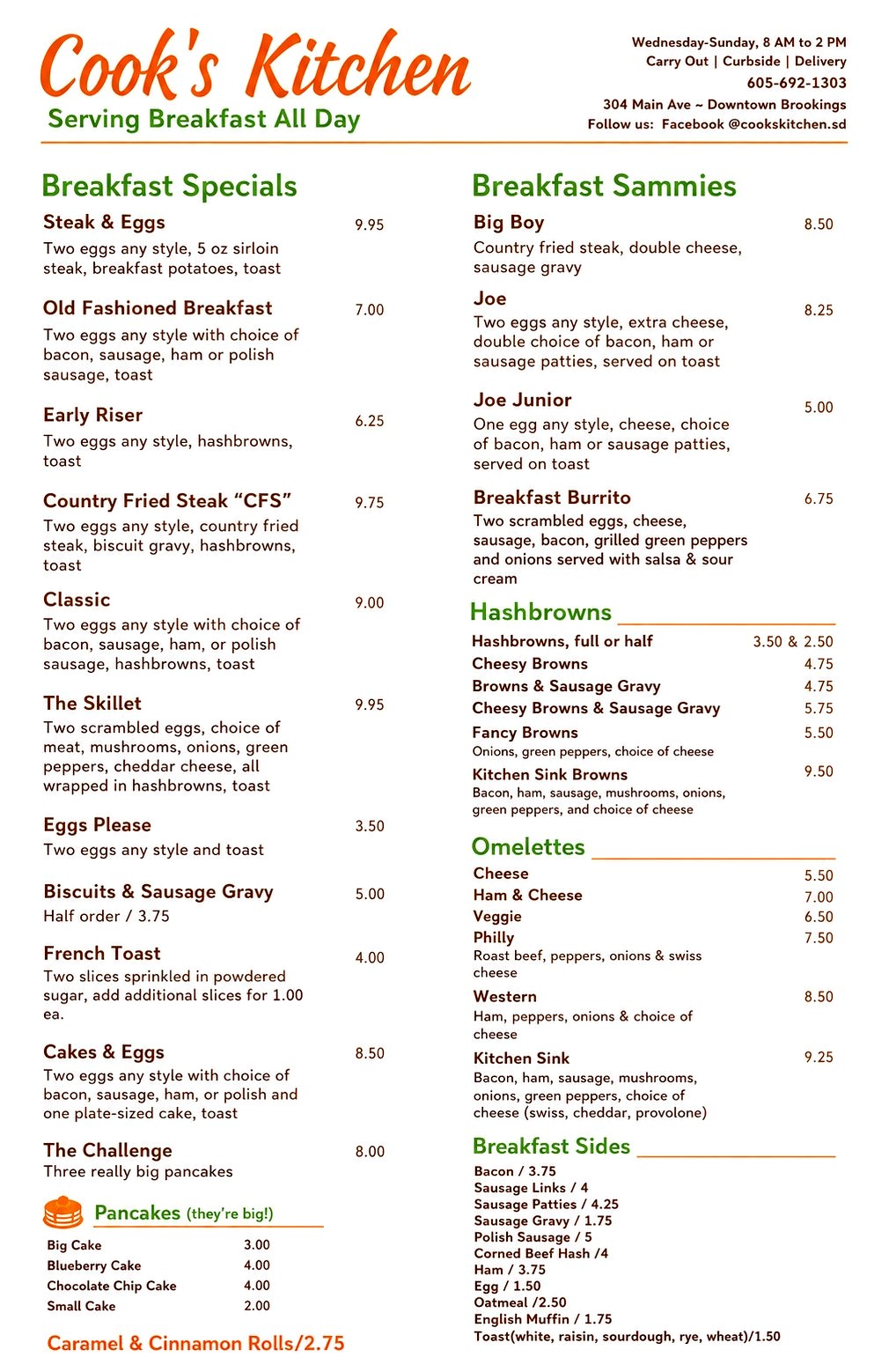 Cook's Kitchen breakfast menu board — breakfast specials, sammies, hash browns and omelettes